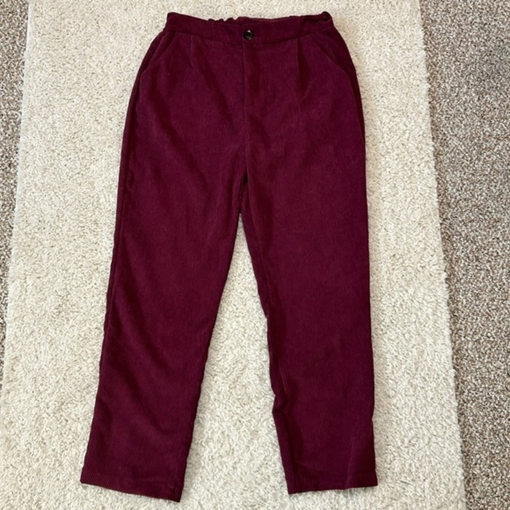 ZENANA L corduroy wine colored high waist  pants w front pockets, elastic waist